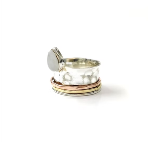 Pear Shape Rainbow Moonstone 925 <b>Silver</b> <b>Spinner</b> <b>Ring</b> Jewelry Minimalist Textured Three-Tone Fidget Band - Product Image 3