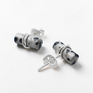 Dalmatian Jasper Cylinder <b>Stud</b> <b>Earrings</b> Silver Plated Brass Natural Gemstone Minimalist Cabochon Bar <b>Earrings</b> Wholesale - Product Image 4