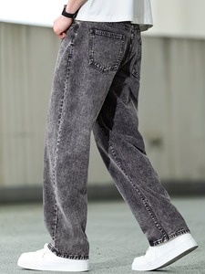 Jeans vintage gris délavé à l'acide pour homme, coupe large |   Décontracté et ample |   Pantalon décontracté à jambe droite, uni, écologique, en spandex/coton, séchage rapide - Product Image 5