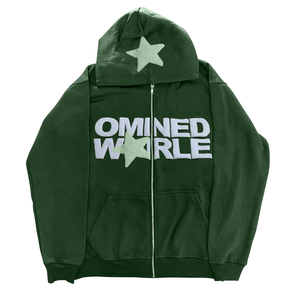 Sudadera con capucha y cremallera Omined World Star Print para hombre, estilo oversize, de forro polar, streetwear, negra con logo morado frontal - Product Image 3