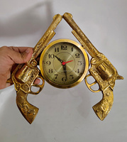 Reloj de Pared de Cuarzo Analógico con Forma de Doble Revólver, Estilo Art Deco, en Latón Dorado Antiguo, de Alta Calidad, para Sala de Estar con Temática Vaquera Occidental