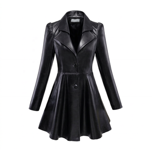 Manteau trench élégant en similicuir pour femme, à manches longues, col à revers, longueur midi, simple boutonnage, coupe-vent, noir uni - Product Image 1