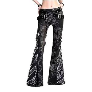 Vaqueros acampanados elásticos de corte ajustado para mujer, estilo gótico, con parches gráficos vintage y dobladillo deshilachado - Product Image 1