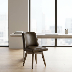 Modern Dark Brown Genuine Leather Office <b>Chair</b> Midcentury Solid Wood Legs - Product Image 4