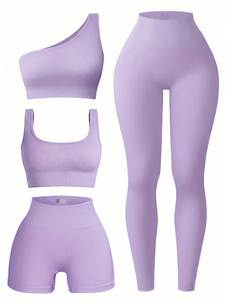 Ensemble de yoga 2 pièces mauve : Crop top et leggings taille haute sans couture, dos nageur, décolleté en V profond, short uni en Spandex/Nylon respirant et élastique - Product Image 3