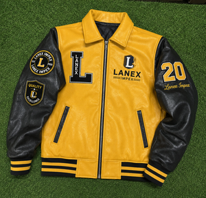 แจ็คเก็ตหนังสีเหลืองดำแบบกำหนดเองสำหรับผู้ชาย แจ็คเก็ตบอมเบอร์สไตล์ Letterman คลาสสิก พร้อมป้ายเชนีล รับผลิตแบบ OEM ODM ขายส่ง - Product Image 6