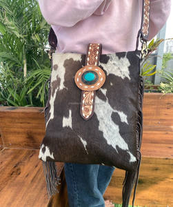 Haute qualité 2025 mode sac à franges en cuir repoussé à la main pour femmes peau de vache concepteur Floral Turquoise pierre sacs à main - Product Image 3