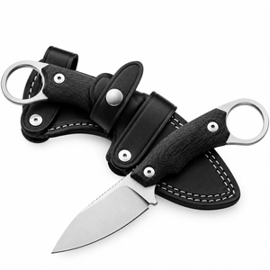 Cuchillos de caza con mango de textura rugosa negra, hoja fija plateada, anillo de dedo redondo y funda de cuero negro para acampar - Product Image 5