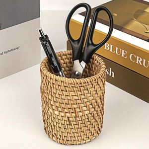 Porte-stylos en rotin, étui à crayons avec logo, conteneur décoratif de bureau, panier de rangement multi-usages - Product Image 4