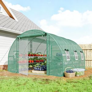 Serra a tunnel con ripiani portaoggetti, porta a rete avvolgibile e copertura in PE per giardino - Product Image 5