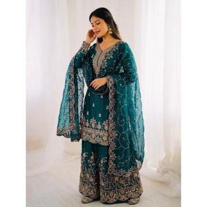 Ensemble Kurti en soie brodée GMY avec palazzo et dupatta, entièrement cousu, prêt à porter, vêtements ethniques pour femmes et enfants - Product Image 1