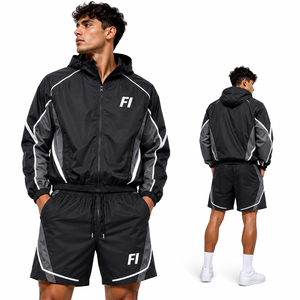 Vestes zippées avec logo personnalisé et ensembles de shorts en nylon, ensemble de survêtement léger en nylon, ensemble de jogging 2 pièces, coupe-vent, vestes pour hommes - Product Image 1