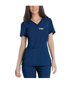 Women's Navy Blue <b>Scrub</b> <b>Tops</b> V-Neck Short Sleeve With Pockets Hospital Uniforms Cotton Polyester Woven Fabric - Product Image 1