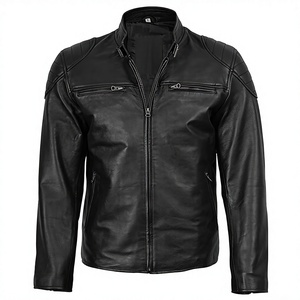 Blousons Moto Homme 2026 en Cuir Véritable Noir 100% Original, Col Montant, Fermeture Éclair, Coupe Slim, Longueur Standard, Couleur Unie, Style Motard - Product Image 1