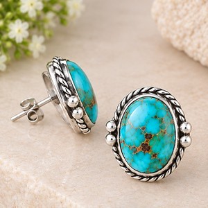 Muhave Turquoise <b>Silver</b> <b>Stud</b> Earrings, 925 <b>Sterling</b> <b>Silver</b> Turquoise <b>Studs</b>, Oval Blue Gemstone Earrings, Boho Southwestern - Product Image 4