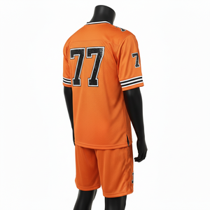 Ensemble short et maillot de football pour homme, tissu mesh léger 180 GSM, orange et noir, panneaux latéraux, logo thermocollé. - Product Image 5