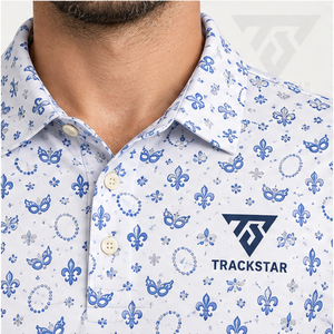 Camisa Polo Trackstar para Hombre, Blanca y Azul con Estampado de Flor de Lis, Manga Corta, Cuello con Botones, Camisa de Golf con Logotipo Personalizado - Product Image 4