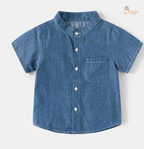เสื้อเชิ้ตเด็กชายผ้าฝ้ายสีฟ้าอ่อน แขนสั้น คอจีน สีพื้นลำลอง มีกระเป๋า กระดุมด้านหน้า ทรงปกติ - Product Image 6