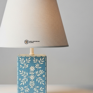 Premium <b>Blue</b> Inlay <b>Table</b> Lamp | Designer <b>Bedside</b> Lamp with Floral Pattern Base - Product Image 3