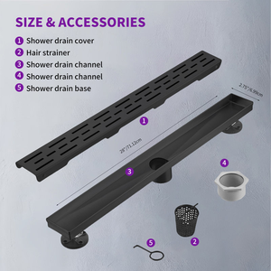 Desagüe de ducha moderno de 28 pulgadas en negro mate, de acero inoxidable 304, lineal, con cubierta extraíble para baño. - Product Image 3