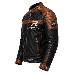 Chaqueta de Motociclista de Cuero Negra y Marrón para Hombre, Cuello Alto, Cierre de Cremallera, Estilo Motero, Diseño con Bloques de Color - Product Image 3