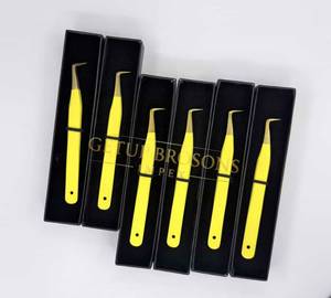 Pince à épiler à pointe fine à 90 degrés, rose/jaune, revêtement poudré, antistatique, durable, pour extensions de cils, pointe en fibre - Product Image 3