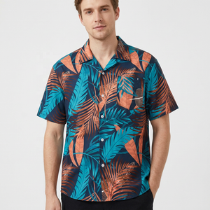 Men's <b>Short</b> Sleeve Tropical Print Shirt Regular Fit Casual Breathable Woven Spandex Anti-Wrinkle Stand Collar Blue Orange - Product Image 1