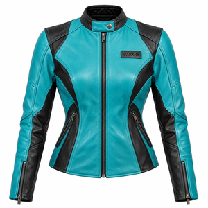Blouson en cuir bleu sarcelle pour femme, coupe slim, style motard, avec empiècements noirs sur les côtés, col à boutons-pression, poignets zippés, veste de course personnalisée Darkry - Product Image 1