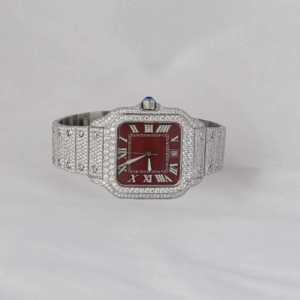 Reloj de Lujo para Mujer con Incrustaciones de Diamantes, Acero Inoxidable, Esfera Roja, Números Romanos, Movimiento de Cuarzo Analógico, Cierre Desplegable - Product Image 1