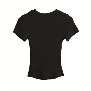<b>Women's</b> <b>Black</b> Ribbed Short Sleeve <b>Crop</b> <b>Top</b> O-Neck Slim Fit Knitted Minimalist Style All Seasons T-Shirt - Product Image 1