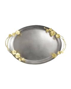 ถาดโลหะสีเงินทรงรีพร้อมที่จับรูปใบไม้สีทองของตกแต่งจานสำหรับจัดงานแต่งงานที่มีสไตล์ - Product Image 1