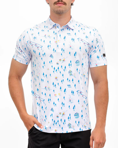 Polo à manches courtes blanc pour homme, imprimé station de ski, en coton Oxford, coupe décontractée, boutons sur le devant, longueur normale - Product Image 1