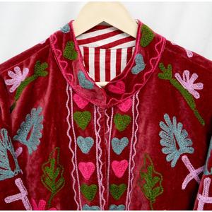 Red Velvet Embroidered Floral Open Front <b>Cardigan</b> Bohemian Style Mandarin Collar Three Quarter <b>Sleeve</b> Reversible Eco-Friendly - Product Image 6