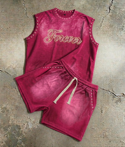 Conjunto de chándal unisex personalizado de lujo con pedrería, chaleco sin mangas y pantalones cortos, estilo vintage lavado, para ropa urbana. - Product Image 6