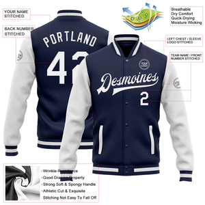 Custom Navy White Varsity Letterman Bomber <b>Jacket</b> Men Women Oversized Streetwear College Baseball Team Heavyweight Premium Poly - Product Image 2
