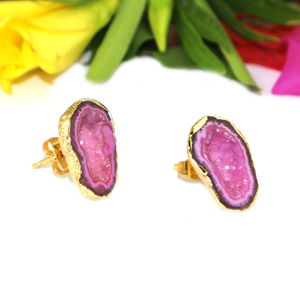 Goran Vogue Classic Design Pink Geode Druzy Gemstone 18K Gold Plated <b>Brass</b> Women's Anniversary Gift Skeleton Stud Earrings - Product Image 3