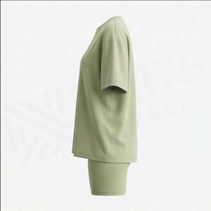 Ensemble 2 pièces pour femmes, t-shirt à manches courtes en tricot uni et short au-dessus du genou, col rond, coupe ample, vêtements décontractés, printemps été - Product Image 3