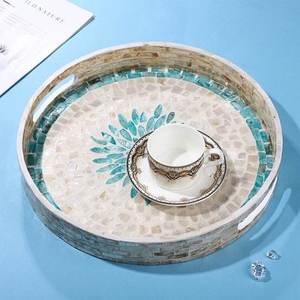Mother of pearl tray Round decorative <b>mosaic</b> serving tray with handles for coffee <b>table</b> home decor and luxury hotel use - Product Image 3