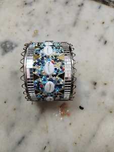 Handcrafted Embroidered Hinged Cuff <b>Bracelet</b> with Natural Shells Colorful Glass Bead <b>Boho</b> Statement Fashion Jewelry - Product Image 4