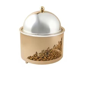 Réchaud de buffet rond texturé doré, design le plus populaire, avec couvercle en verre et support, pour service sur table à la maison, à l'hôtel et au buffet - Product Image 2