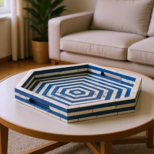 Bandejas de Servir de Madera con Incrustaciones de Hueso con Patrones Geométricos, Vajilla Decorativa Hecha a Mano para Cocina, Comedor, Restaurante, Hotel y Hogar - Product Image 1