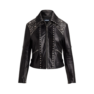 Chaqueta de cuero para mujer con tachuelas, estilo motociclista, cintura ajustada, forro acolchado, bolsillos con cremallera, personalizada OEM ODM, marca privada, venta al por mayor KCW - Product Image 1