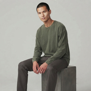 T-shirt à manches longues pour homme, effet délavé, coton épais, coupe ample, col rond, style streetwear vintage - Product Image 4