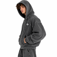 Sweat à capuche zippé oversize tendance pour homme, style streetwear personnalisé, effet vieilli, délavé à l'acide, en coton molletonné épais vintage