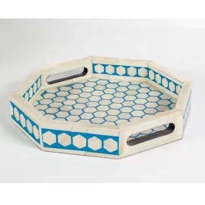 Bandeja de Servir Decorativa Hexagonal con Incrustaciones de Hueso en Color Crema Púrpura, 30x30x5CM, Hecha a Mano, Venta al Por Mayor - Product Image 4