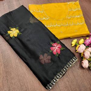 Hermoso Sari de Diseñador con Bordado Floral, Borde de Encaje con Espejos, Sari Indio para Bodas, Sari Étnico para Fiestas - Product Image 1