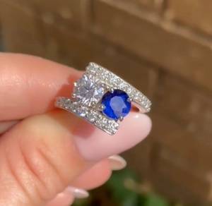 Bague Toi Moi en Moissanite Bleu Royal et Blanc, Coupe Ronde, en Argent Sterling 925 Original, par Royal Sagas, Bijou Unique pour Mariage et Fêtes - Product Image 1