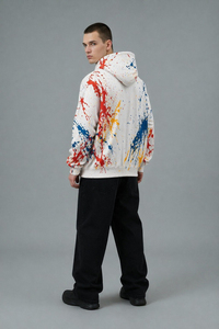 OEM ODM <b>Men's</b> <b>White</b> Oversized <b>Hoodie</b> With Colorful Paint Splatter Print And Kangaroo Pocket custom logo - Product Image 4