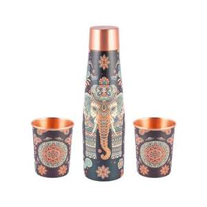 Floral Pattern <b>Metal</b> <b>Water</b> <b>Bottle</b> with Copper Lid and Matching Cups Portable Travel Drinkware Set - Product Image 3