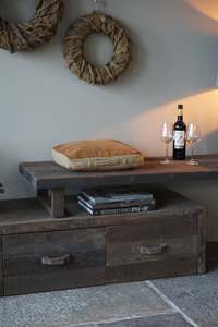 Meuble TV en bois Nero avec trois tiroirs, console multimédia rustique à longueur réglable, unité de rangement, meuble de salon - Product Image 3